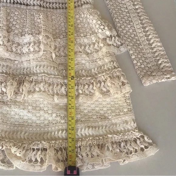 AQUA ivory crochet knit lace sheer long sleeve ruffle tier layered dress - Picture 9 of 16